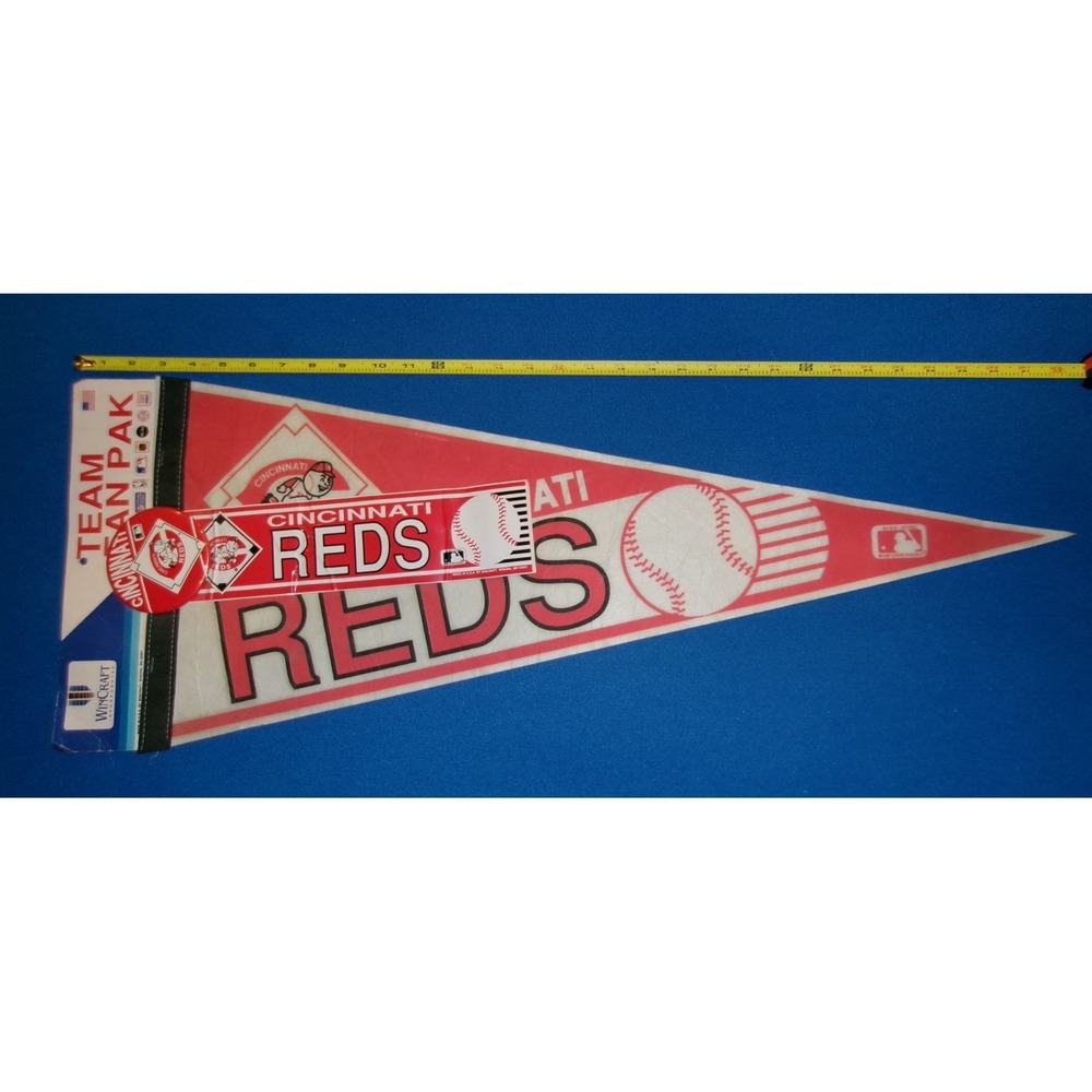 Cincinnati Reds Felt Pennant 30" New Old Stock w/ Pin & Sticker MLB WinCraft